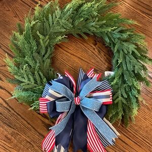 Patriotic Cedar Holiday Wreath with Red, White & Blue Bow